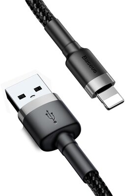 BASEUS CAFULE adatkábel és töltő (USB - lightning 8pin, 1.5A, gyorstöltés, 200cm, cipőfűző minta) SZÜRKE / FEKETE