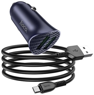 HOCO Z39 autós töltő 2 USB aljzat (18W, QC3.0, gyorstöltés támogatás + microUSB kábel) KÉK
