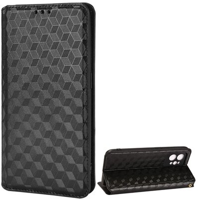 Realme GT2 Pro 5G Tok álló, bőr hatású (FLIP, oldalra nyíló, asztali tartó funkció, teljes 3D rombusz minta, prémium) FEKETE
