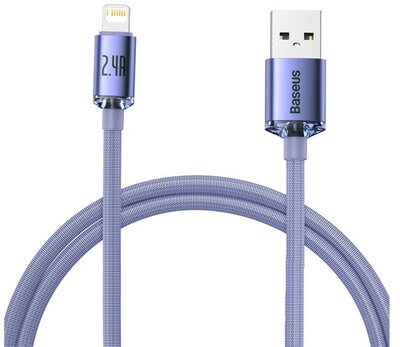 BASEUS CRYSTAL SHINE adatkábel és töltő (USB - lightning 8pin, 2.4A, PD gyorstöltés tám., 120cm, cipőfűző minta) LILA