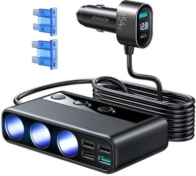 JOYROOM autós töltő 5 USB / 3 szivartöltő / Type-C aljzat (154W, gyorstöltés támogatás, 100cm, LED jelző) FEKETE