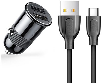 JOYROOM autós töltő 2 USB aljzat (5V / 3100mA, PD gyorstöltés támogatás, túlmelegedés védelem + Type-C kábel) FEKETE