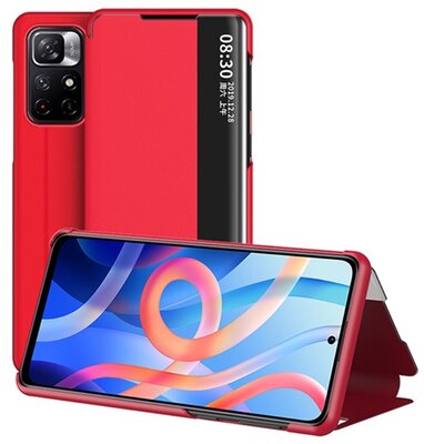 Xiaomi Redmi Note 11 Tok álló, bőr hatású (aktív FLIP, oldalra nyíló, asztali tartó funkció, hívószámkijelzés, View Window) PIROS