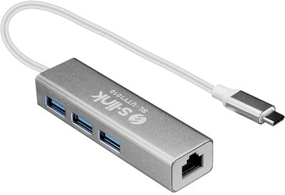 S-Link Notebook dokkoló - SL-UTY1010 (USB-C apa, RJ45 Ethernet anya, 3xUSB anya, Type-C anya, 4K, 30Hz, fém, szürke)