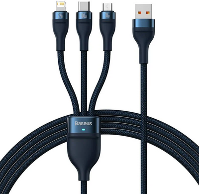Baseus Flash Series 3 az 1-ben USB-kábel USB-C + micro USB + Lightning 100W 1.2m kék (CASS030003)