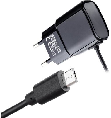 Hálózati töltő (5V / 1000mA + beépített microUSB kábel) FEKETE