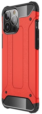 Apple iPhone 13 Pro Max Defender műanyag telefonvédő (közepesen ütésálló, légpárnás sarok, szilikon belső, fémhatás) PIROS
