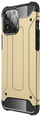 Apple iPhone 13 Pro Max Defender műanyag telefonvédő (közepesen ütésálló, légpárnás sarok, szilikon belső, fémhatás) ARANY