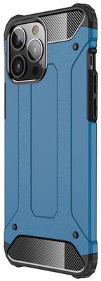 Apple iPhone 13 Pro Max Defender műanyag telefonvédő (közepesen ütésálló, légpárnás sarok, szilikon belső, fémhatás) VILÁGOSKÉK