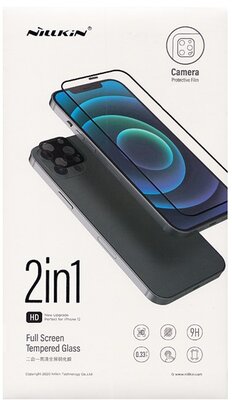 NILLKIN Apple iPhone 12 Pro Max képernyővédő üveg 2in1 (3D full cover, íves, karcálló, 0.33mm, 9H + kameravédő fólia) FEKETE