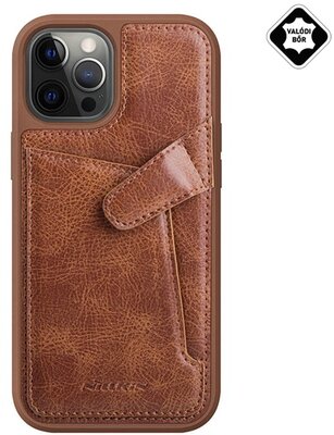 NILLKIN AOGE Apple iPhone 12 Pro Max műanyag telefonvédő (valódi bőr hátlap, mikrofiber plüss belső, bankkártya tartó) BARNA