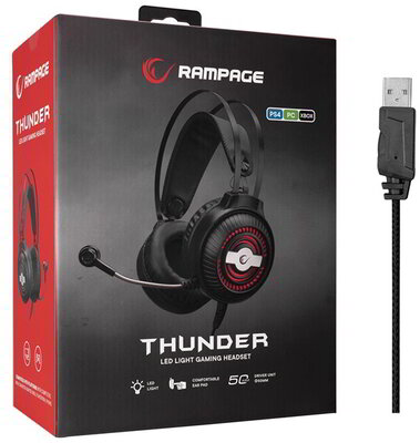Rampage Fejhallgató - RM-K29 THUNDER (mikrofon, 3,5 mm Jack, hangerőszabályzó, nagy-párnás, fekete, RGB LED)