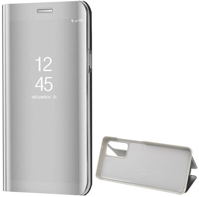 Samsung Galaxy A72 4G Tok álló (aktív FLIP, oldalra nyíló, asztali tartó funkció, tükrös felület, Mirror View Case) EZÜST