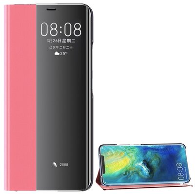 Huawei P30 Tok álló, textil hatású (aktív FLIP, oldalra nyíló, asztali tartó funkció, Smart View Cover) RÓZSASZÍN