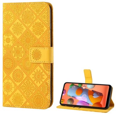 Samsung Galaxy A21s Tok álló, bőr hatású (FLIP, oldalra nyíló, asztali tartó funkció, 3D hatás, virág minta) SÁRGA