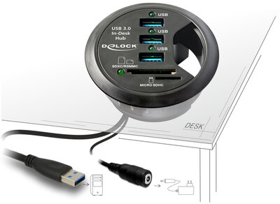 Delock 3 porttal + 2 nyílásos SD-kártyaolvasóval rendelkező asztali USB 3.0 elosztó