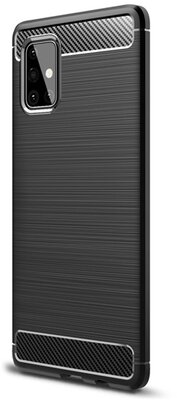 Samsung Galaxy A71 Szilikon telefonvédő (közepesen ütésálló, légpárnás sarok, szálcsiszolt, karbon minta) FEKETE