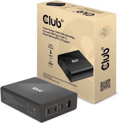 Club3D 132W GAN technology, 4 port USB Type-A and -C, Power Delivery(PD) 3.0 Support - Travel Charger