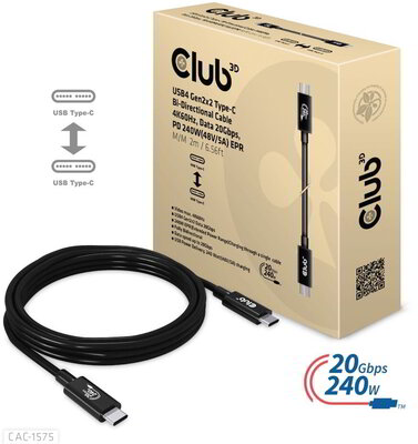 Club3D USB4 Gen3x2 Type-C Bi-Directional USB-IF Certified Cable 8K60Hz, Data 40Gbps, PD 240W(48V/5A) EPR M/M