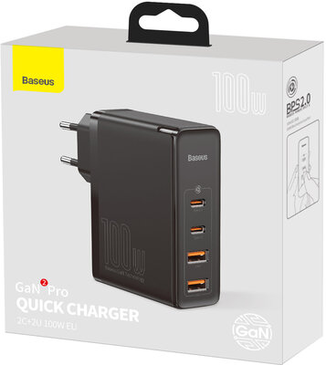 Baseus GaN2 Pro fali töltő CCGAN2P-L01, 2x USB + 2x USB-C, 100W, EU, fekete