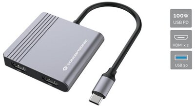 Conceptronic Notebook Dokkoló - DONN11G (Bemenet: USB-C, Kimenet: 2xHDMI+USB-C PD:100W+USB-A, ezüst)