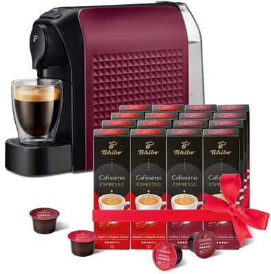 Tchibo Cafissimo Easy Dark Red kapszulás kávéfőző +Caf. Espresso Elegant Aroma 8x10db +Caf.Espresso Intense Aroma 8x10db