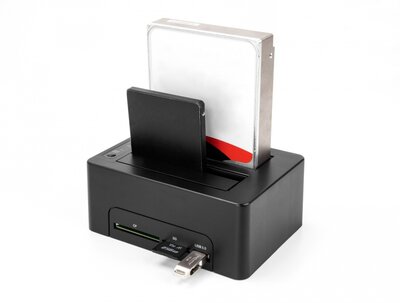 Delock USB kettős dokkoló állomás 2 x SATA HDD / SSD számára klónozási funkcióval és kártyaolvasóval + további USB port