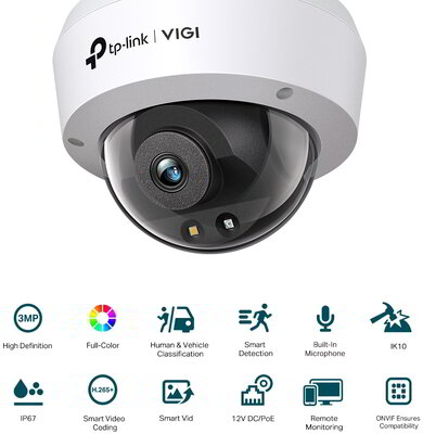 TP-LINK VIGI C230 (4mm) 3MP kültéri H.265 IP30 Smart Detection Full-Color Dome Network Camera