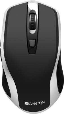 CANYON CNS-CMSW19B_EU MW-19, 2.4GHz Wireless Rechargeable Mouse with Pixart sensor, 6keys, Silent switch for right/left keys,Add NTCDPI: 800/1200/1600, Max. usage 50 hours for one time full charged, 300mAh Li-poly battery, Black -Silver, cable length 0.6m