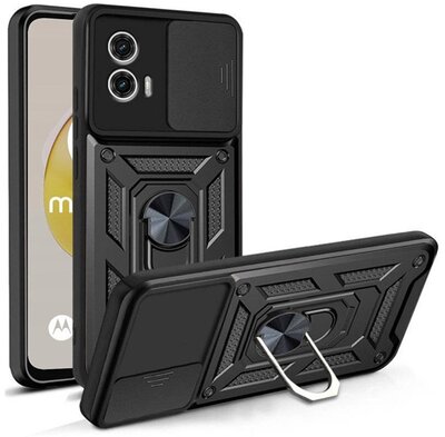 Defender műanyag telefonvédő (közepesen ütésálló, szilikon belső, telefontartó gyűrű, kamera védelem) FEKETE Motorola Moto G73