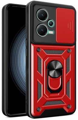 Defender műanyag telefonvédő (közepesen ütésálló, szilikon belső, telefontartó gyűrű, kamera védelem) PIROS - Xiaomi Poco X5 5G / Xiaomi Redmi Note 12 5G