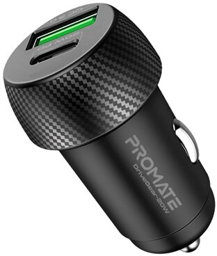 Promate Autós töltő - DRIVEGEAR 20W (Szivargyújtós, Dual Port, 1xUSB-A, 1xUSB-C, 20W PD, QC3.0, fekete)