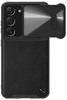 NILLKIN CAMSHIELD LEATHER műanyag telefonvédő (közepesen ütésálló, ECO bőr hatású hátlap, kamera védelem) FEKETE - Samsung Galaxy S23 Plus (SM-S916)