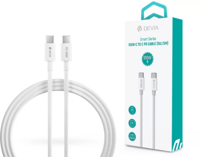 DEVIA USB TYPE-C - USB TYPE-C ADAT- ÉS TÖLTŐKÁBEL 1,5 M-ES VEZETÉKKEL - SMART SERIES 100W C TO C PD CABLE - 100W - FEHÉR