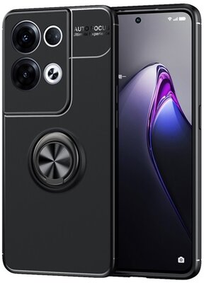 Szilikon telefonvédő (asztali tartó funkció, telefontartó gyűrű, 360°-ban forgatható, beépített fémlemez) FEKETE Oppo Reno 8 Pro