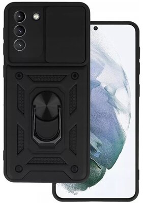 Defender műanyag telefonvédő (közepesen ütésálló, szilikon belső, telefontartó gyűrű, kamera védelem) FEKETE Samsung Galaxy S21 (SM-G991) 5G