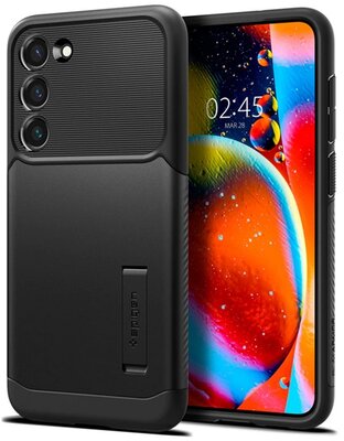 SPIGEN SLIM ARMOR szilikon telefonvédő (közepesen ütésálló, műanyag hátlap, kitámasztó) FEKETE - Samsung Galaxy S23