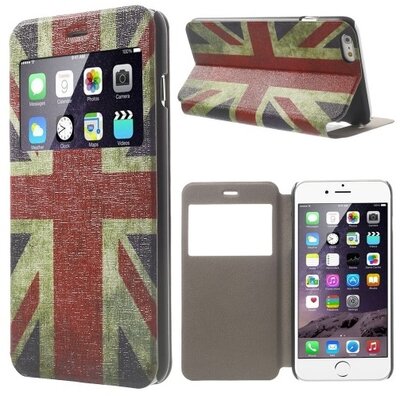 Tok álló, bőr hatású (FLIP, oldalra nyíló, asztali tartó funkció, S-View Cover, illatos, zászló minta) BRIT - Apple iPhone 6 Plus 5.5 / Apple iPhone 6S Plus 5.5