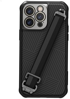 NILLKIN STRAP műanyag telefonvédő (közepesen ütésálló, fém kamera védelem + kézpánt, csíkos minta) FEKETE Apple iPhone 14 Pro Max