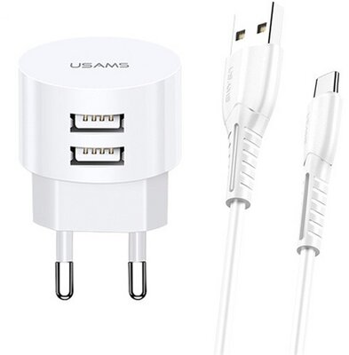 USAMS T20 hálózati töltő 2 USB aljzat (5V / 2.1A, gyorstöltés támogatás + microUSB kábel) FEHÉR