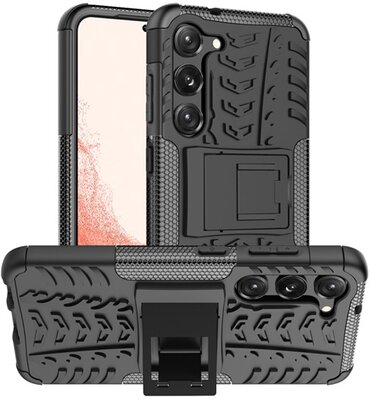 Defender műanyag telefonvédő (közepesen ütésálló, szilikon belső, kitámasztó, autógumi minta) FEKETE - Samsung Galaxy S23