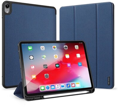 DUX DUCIS DOMO tok álló, bőr hatású (aktív FLIP, oldalra nyíló, TRIFOLD, Apple Pencil tartó, textil minta) SÖTÉTKÉK Apple IPAD Air 2020 (Air 4) Apple IPAD Air 2022