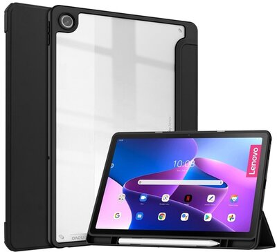 Tok álló, bőr hatású (FLIP, átlátszó hátlap, oldalra nyíló, TRIFOLD asztali tartó funkció, érintőceruza tartó) FEKETE Lenovo Tab M10 Plus