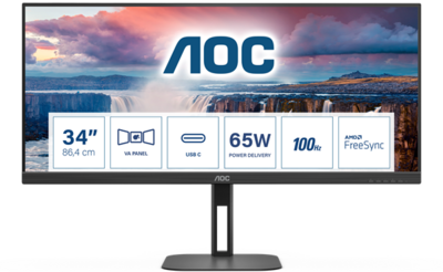 AOC 34" U34V5C/BK - VA panel 3440x1440 21:9 100Hz 1ms 4000:1 300cd HDMI/DisplayPort/USB-C/4xUSB, hangszóró