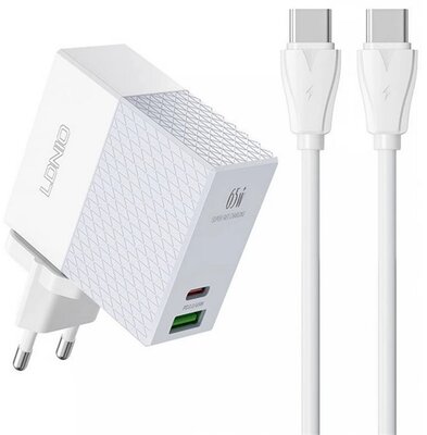 LDNIO hálózati töltő USB / Type-C aljzat (5V / 3A, 65W, PD gyorstöltés támogatás + Type-C - Type-C kábel) FEHÉR