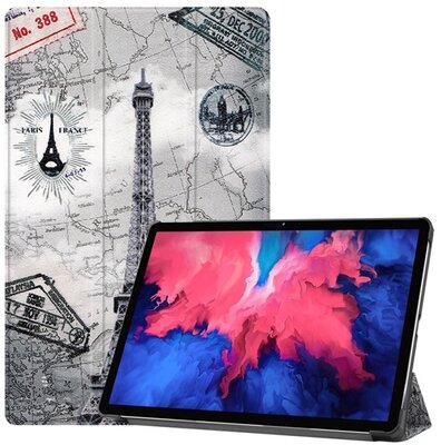 Tok álló, bőr hatású (aktív FLIP, oldalra nyíló, TRIFOLD asztali tartó funkció, Eiffel torony, térkép minta) SZÜRKE - Lenovo Tab P11