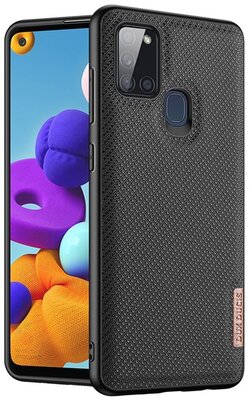 DUX DUCIS FINO szilikon telefonvédő (műanyag belső, közepesen ütésálló, rács minta) FEKETE Samsung Galaxy A21s (SM-A217F)