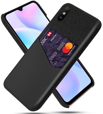 Műanyag telefonvédő (közepesen ütésálló, bankkártya tartó, textil bevonat, bőr hatású hátlap) FEKETE - Xiaomi Redmi 9A (Redmi 9 AT)