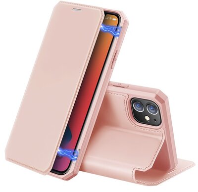DUX DUCIS SKIN X tok álló, bőr hatású (FLIP, oldalra nyíló, asztali tartó, vezeték nélküli töltés támogatás) RÓZSASZÍN Apple iPhone 12 mini