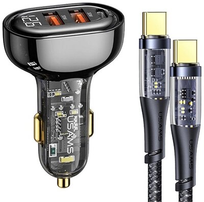 USAMS autós töltő 2 USB aljzat / Type-C aljzat ( 5V / 3A, 80W, gyorstöltés támogatás + Type-C kábel) FEKETE